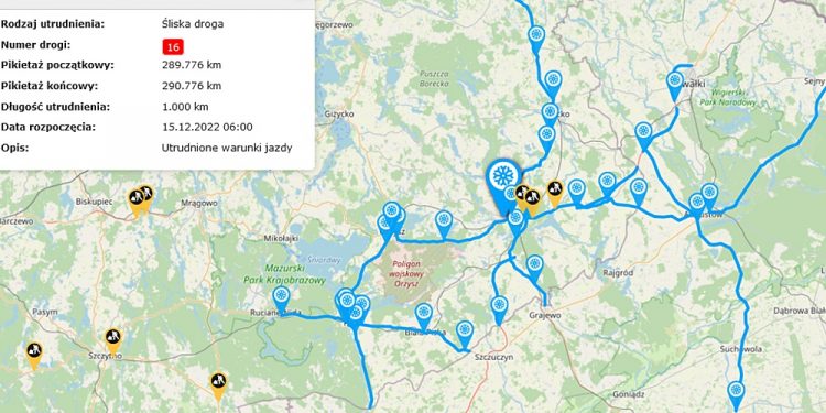 Warunki na drogach, zdj. serwis mapowy GDDKiA