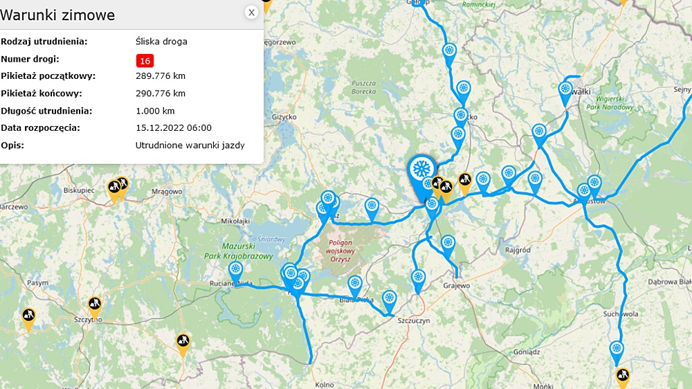 warunki na drogach zdj. serwis mapowy GDDKiA