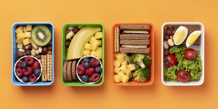 healthy food lunch boxes flat lay