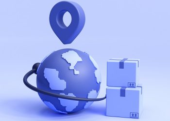 worldwide delivery world globe with cardboard boxes location pointer shopping online delivery ecommerce concept blue background 3d illustration 1