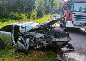 Kierowca audi uderzył w drzewo. Pasażerka trafiła do szpitala 7 zdj. KPP w Piszu