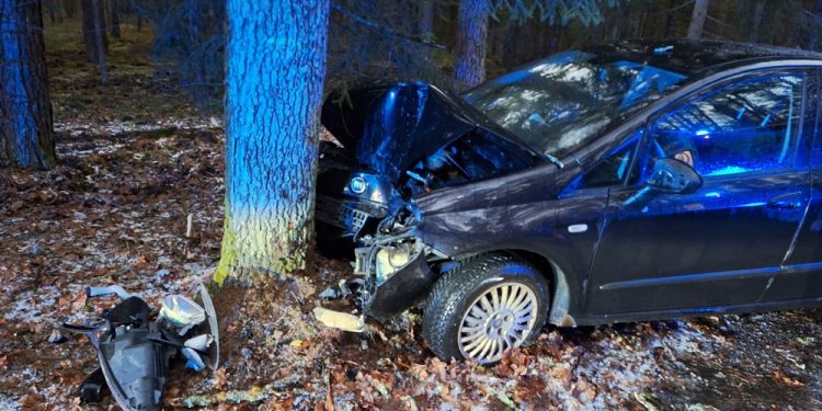 Kierująca osobówką uderzyła w drzewo 1 zdj. OSP Ruciane-Nida