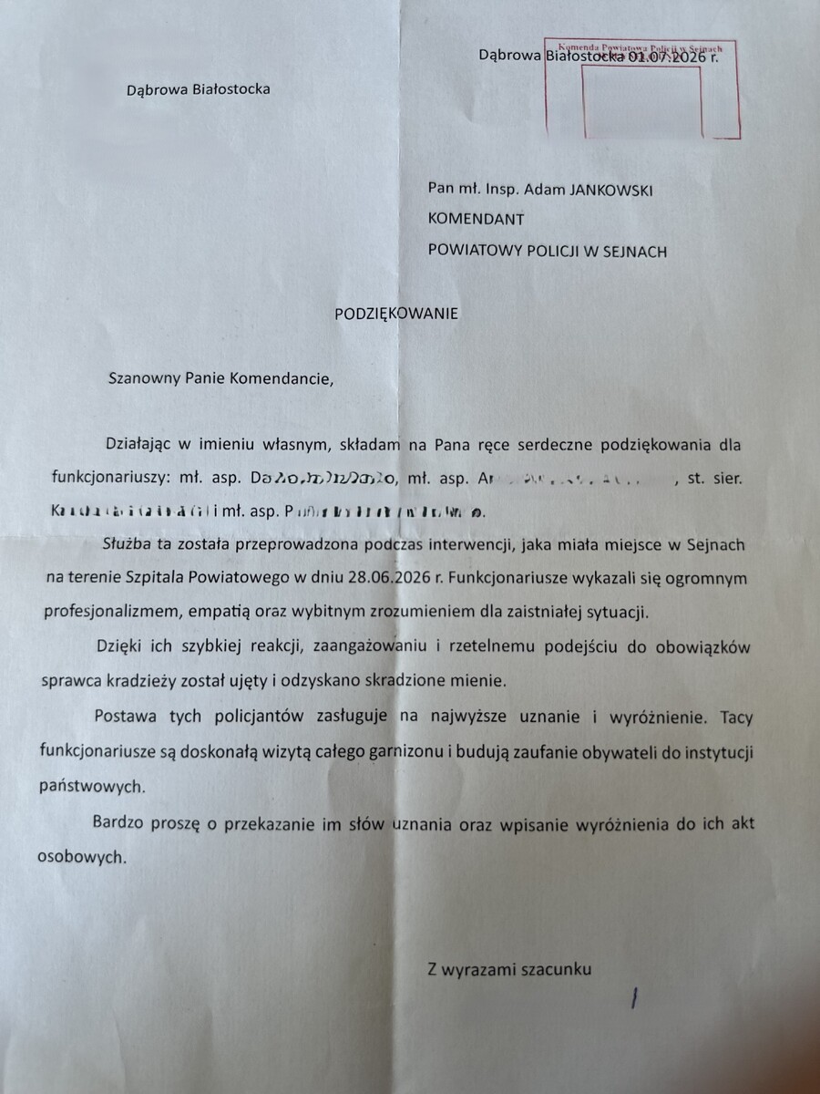 List z podziękowaniami trafił do sejneńskiej policji 2 126 292955