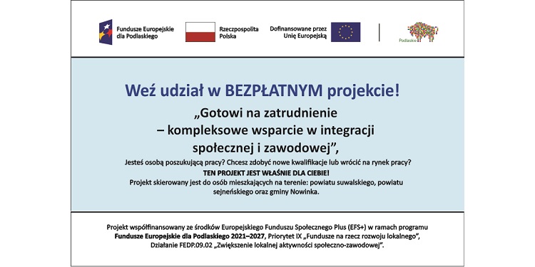 Gmina Szypliszki przedłuża nabór do projektu „Gotowi na zatrudnienie – kompleksowe wsparcie w integracji społecznej i zawodowej” 1 Aktywizacja plakat A3 02 1 glowna