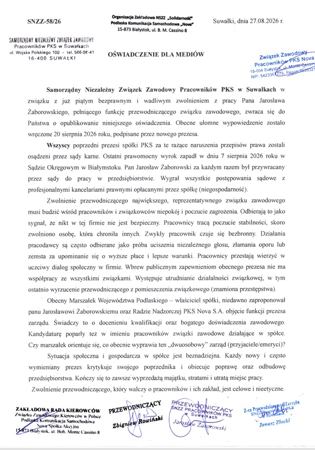 Skarżą się na piąte zwolnienie przewodniczącego 2 pks nova